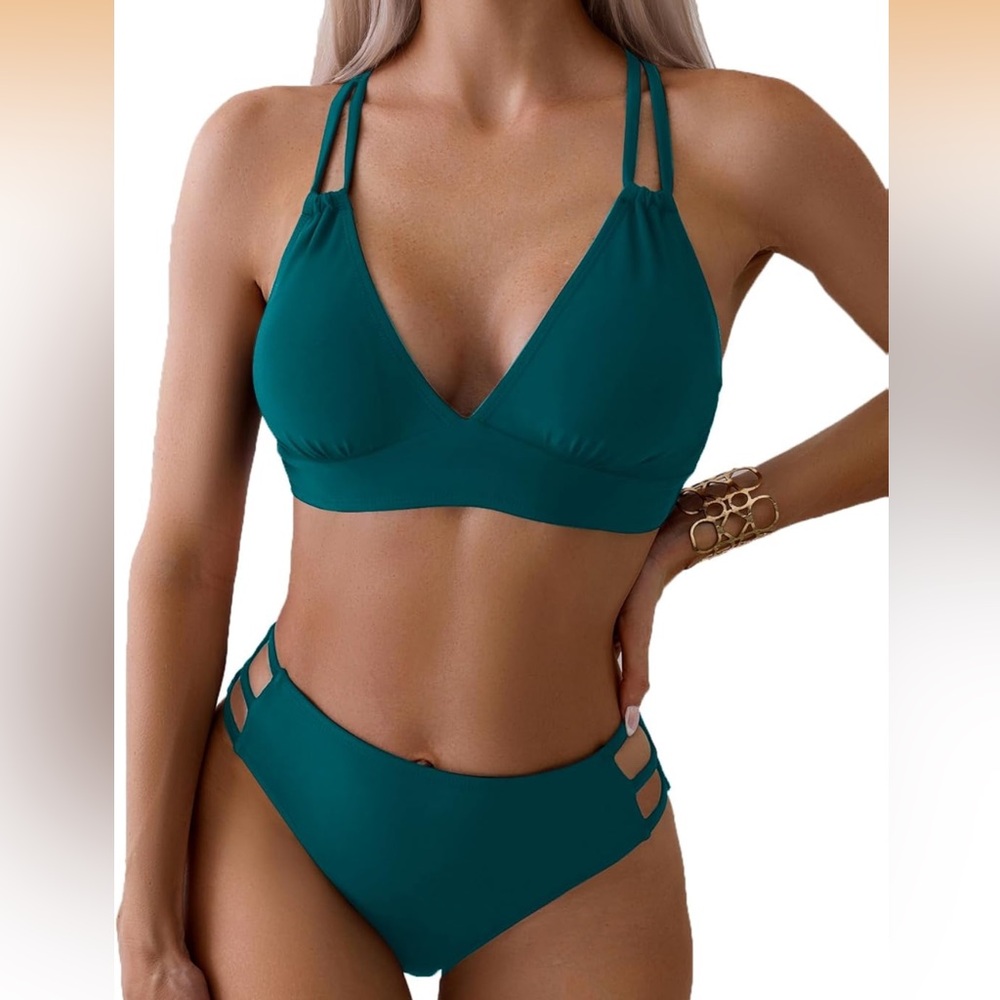 NWOT Sexy V Neck Bikini Hollow Out Two Piece Swimsuits Cutout Mid Waist Medium